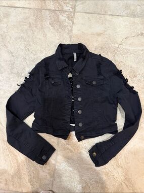 American Bazi Black Cropped Distressed Denim Jacket